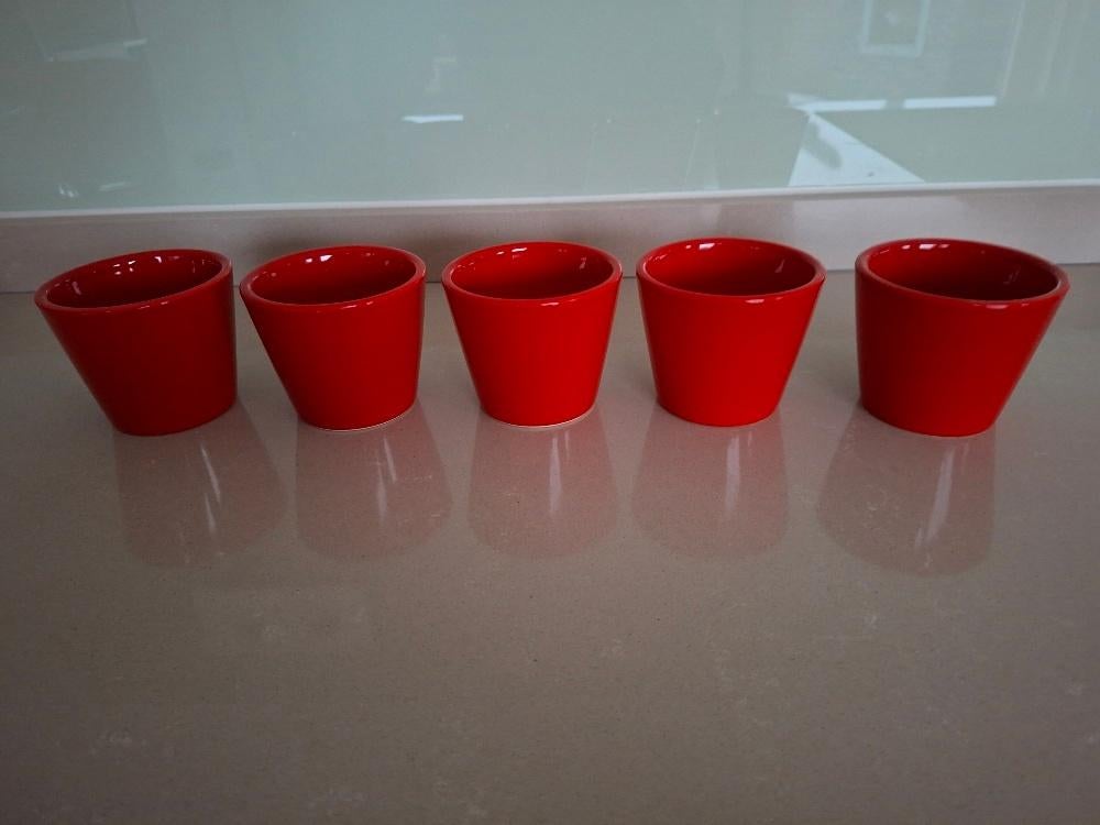 Set : 5 glanzende rode aardewerken bloempotjes, Rond, Ophalen of Verzenden, Zo goed als nieuw, Aardewerk