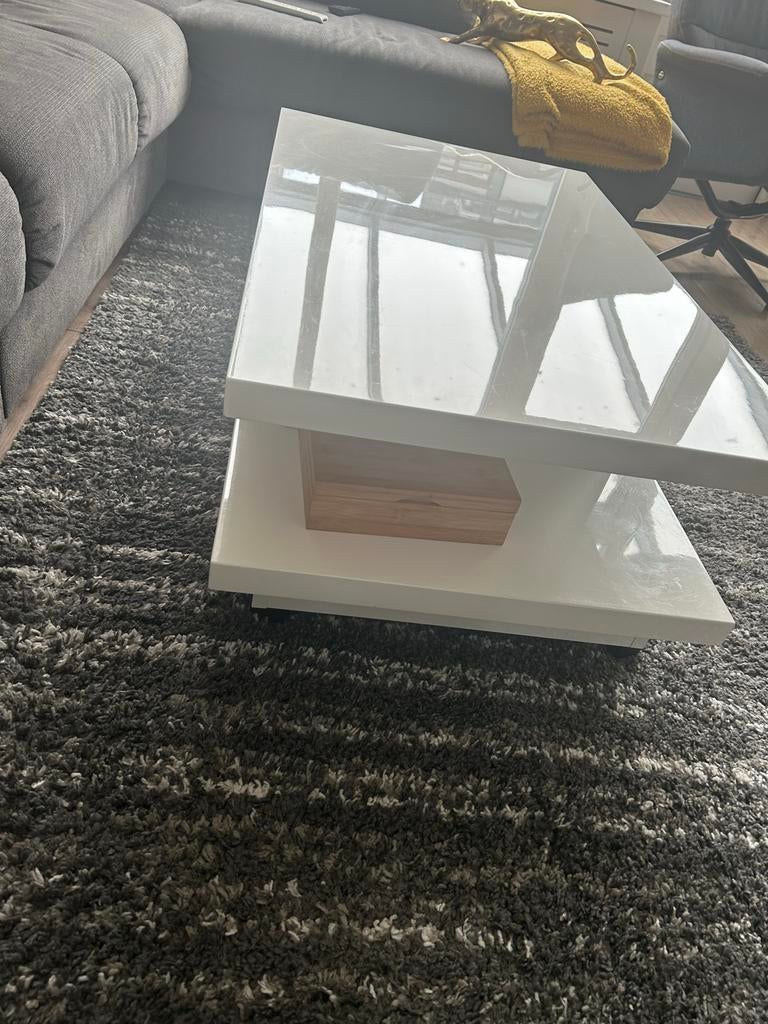 Witte salontafel met lade en open vakken, Ophalen, Gebruikt, 100 tot 150 cm, 50 tot 100 cm