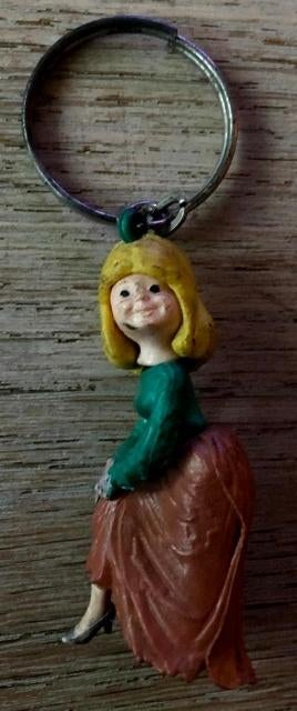 Oude sleutelhanger vrouw met rok die haar schoen laat zien., Ophalen, Gebruikt, Knuffel of Figuurtje