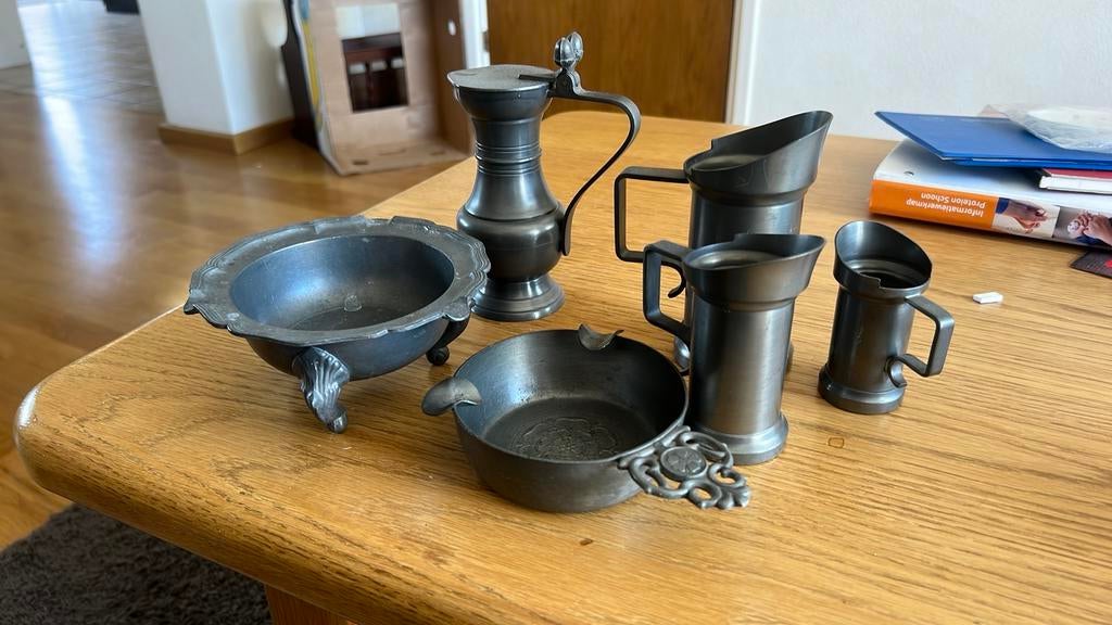 Tinnen asbakken en kannetjes, Antiek en Kunst, Antiek | Tin, Ophalen of Verzenden