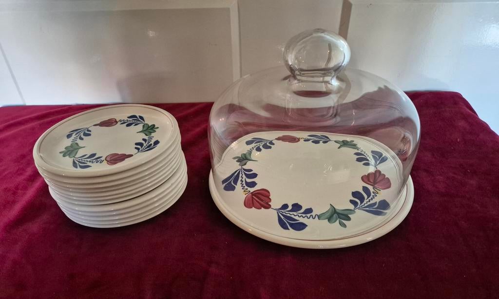Boerenbont gebak set, Ophalen of Verzenden, Aardewerk, Boerenbont, Schaal of Schalen