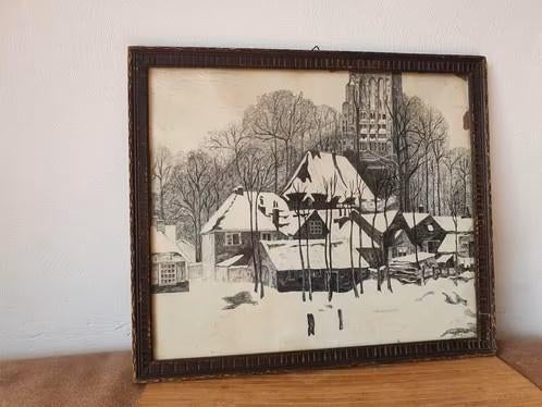 pen tekening dorp winter grote kerk  Vught n Huib Luns, Ophalen