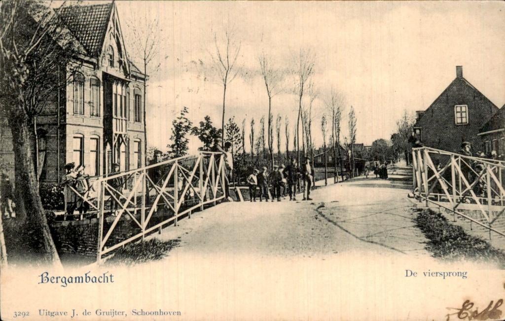 Bergambacht - De viersprong - straatbeeld, Ophalen of Verzenden, Voor 1920, Gelopen, Zuid-Holland