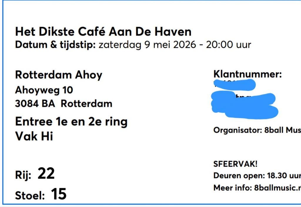2 zitplaatsen Dikste café aan de haven. Ahoy, Twee personen, Mei, Pop