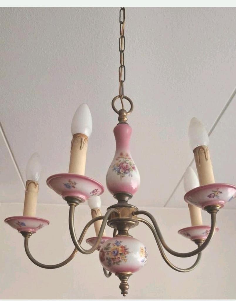 Hollywood Regency porseleinen/aardewerk 5-arm  kroonluchter, Huis en Inrichting, Ophalen of Verzenden