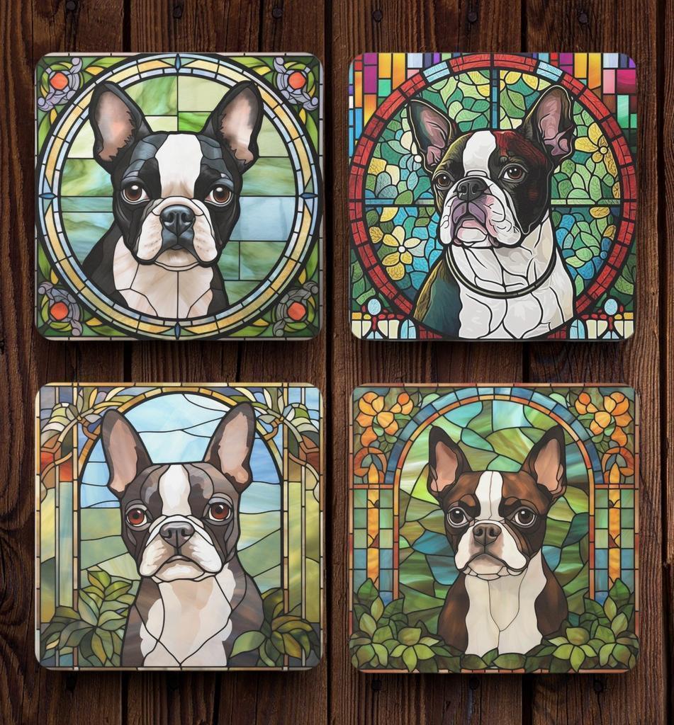 Boston Terriër Glas in Lood onderzetters met houder, Huis en Inrichting, Woonaccessoires | Onderzetters, Nieuw, Glas of Kopje