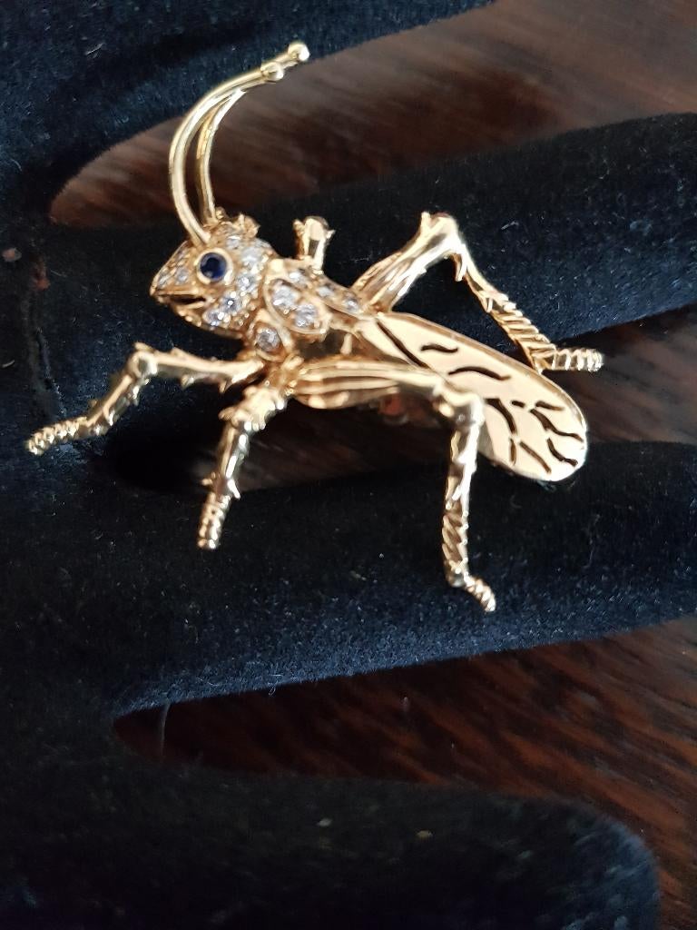 18krt gg sprinkhaan broche met saffier en briljant, Minder dan 4 cm, Nieuw, Ophalen of Verzenden, Met edelsteen