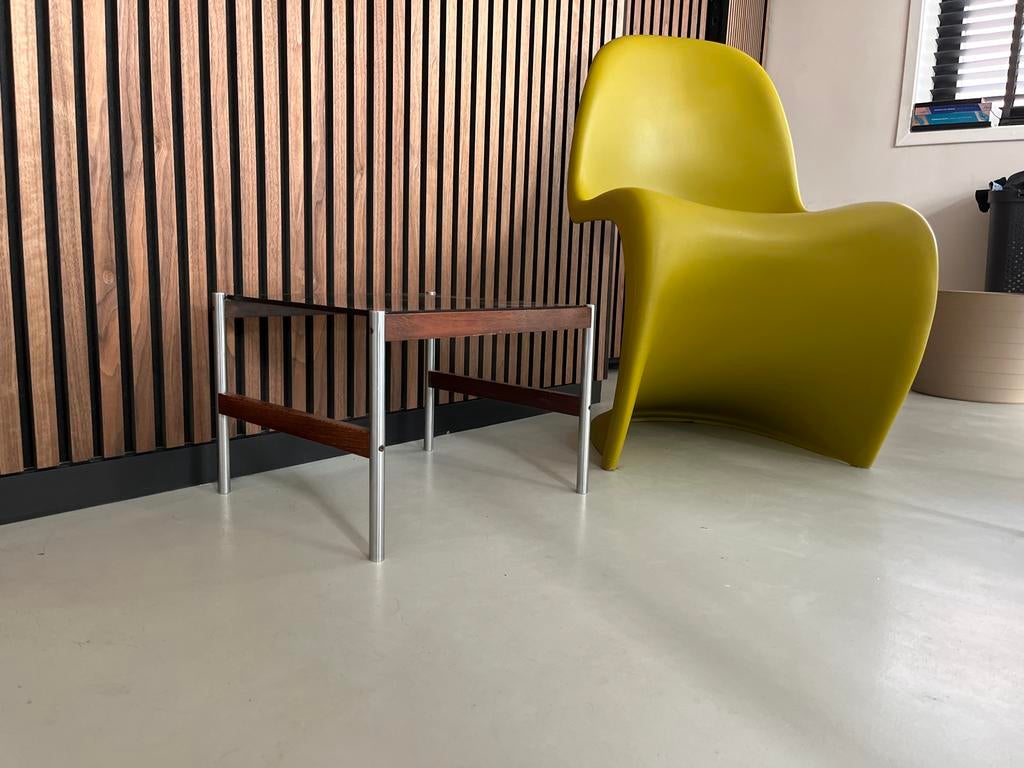 Salontafeltje rook glas vintage teak jaren 60, Huis en Inrichting, Tafels | Salontafels, Gebruikt, 50 tot 100 cm, Ophalen of Verzenden