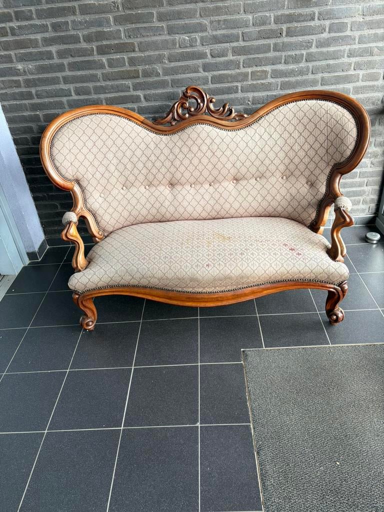 Antieke Sofa/Kuif vlinder Bank Canapé mahonie siersnijwerk, Ophalen, Gebruikt, Minder dan 75 cm, Driepersoons