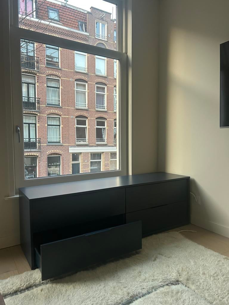 Donkerblauwe moderne ladekast / zitmeubel (159x44x49cm), Huis en Inrichting, Kasten | Ladekasten, Ophalen, Gebruikt, 150 tot 200 cm