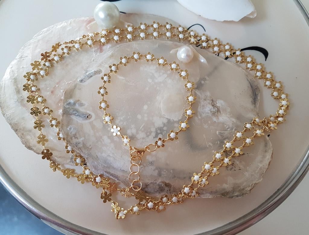 Daisy Flower setje Ketting + Armband RVS 18Karaat Goldplated, Ophalen of Verzenden, Nieuw, Goud, Overige materialen