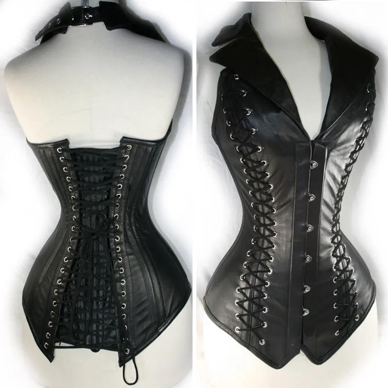 Zwart leren korset met v-hals dames vrouwen punk corset, Verzenden, Zwart, Body of Korset