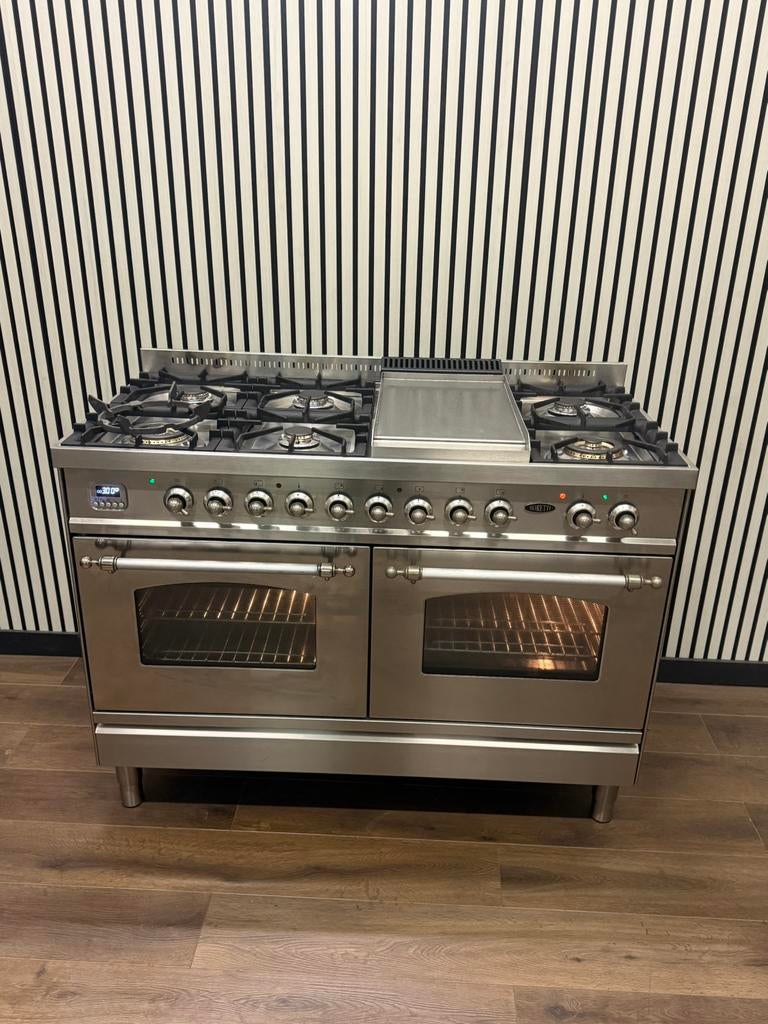 Boretti 120 cm Fornuis Dubbele Oven tot 300C FryTop & 6 Pits, Witgoed en Apparatuur, Fornuizen, Zo goed als nieuw, Vrijstaand