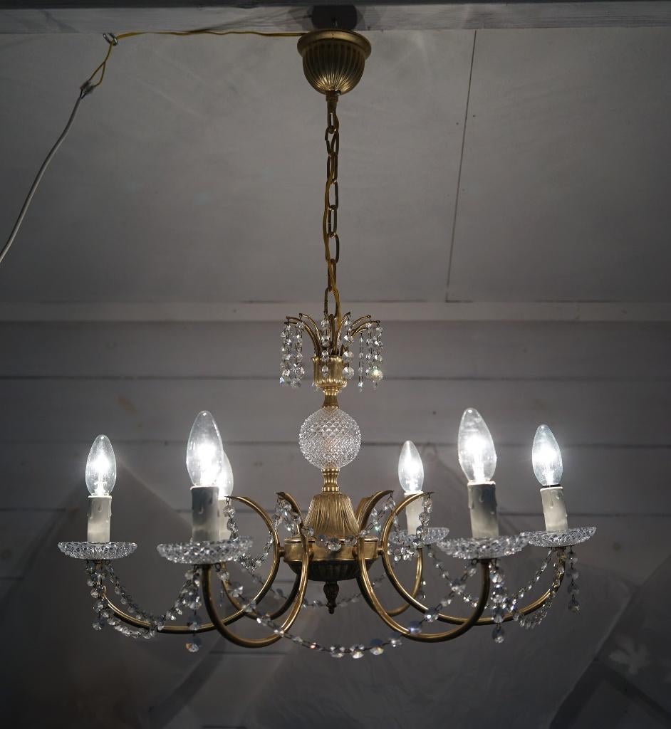 vintage hollywood Kroonluchter kristal prisma kaars messing., Ophalen, Glas, Gebruikt, Vintage hollywood regency mid century
