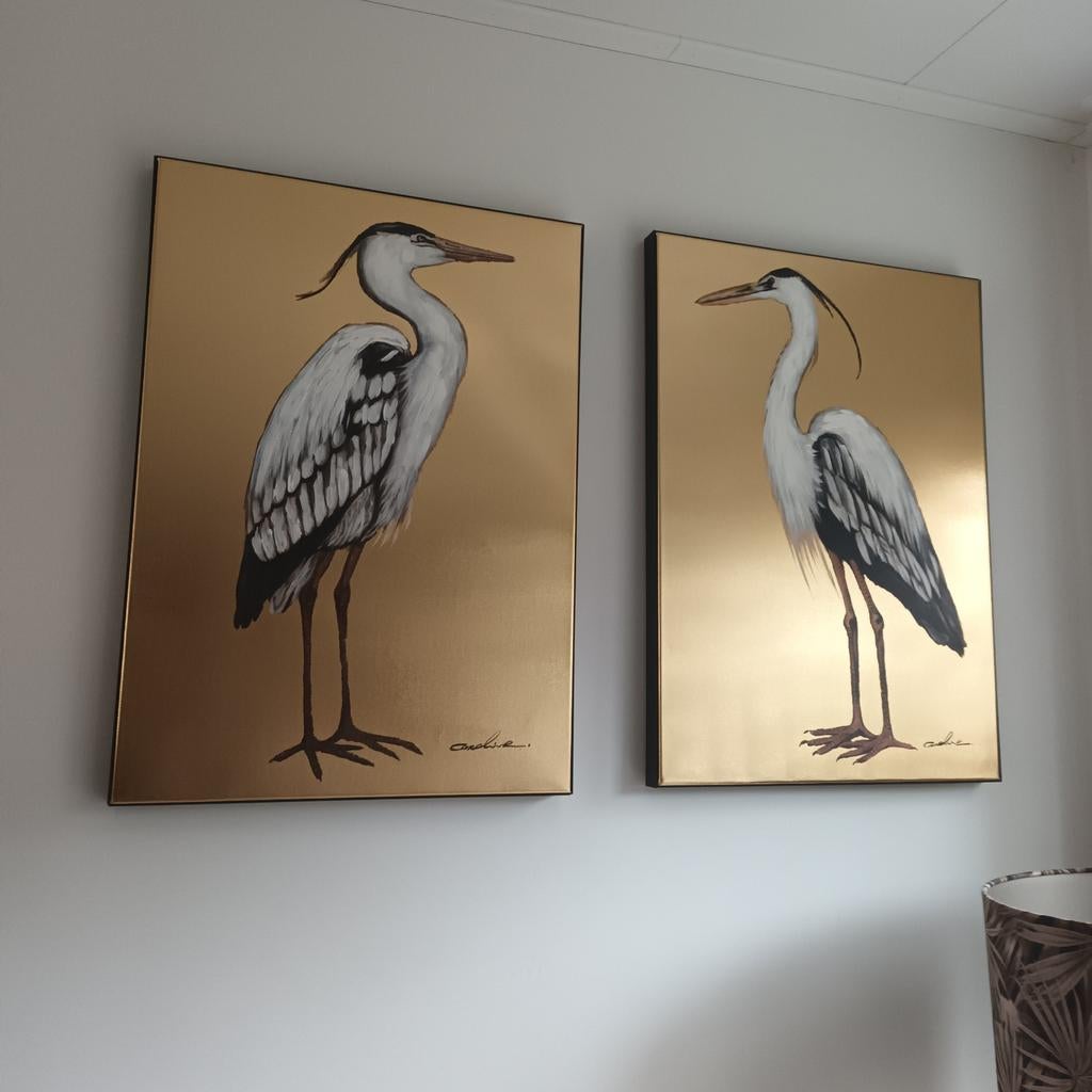 Twee elegante reiger schilderijen, Ophalen, Zo goed als nieuw, Schilderij, 50 tot 75 cm