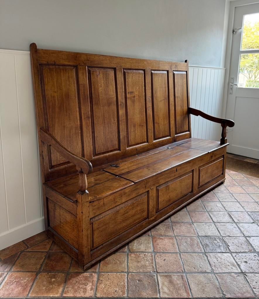 Antieke Engelse houten Halbank klepbank bank, Ophalen