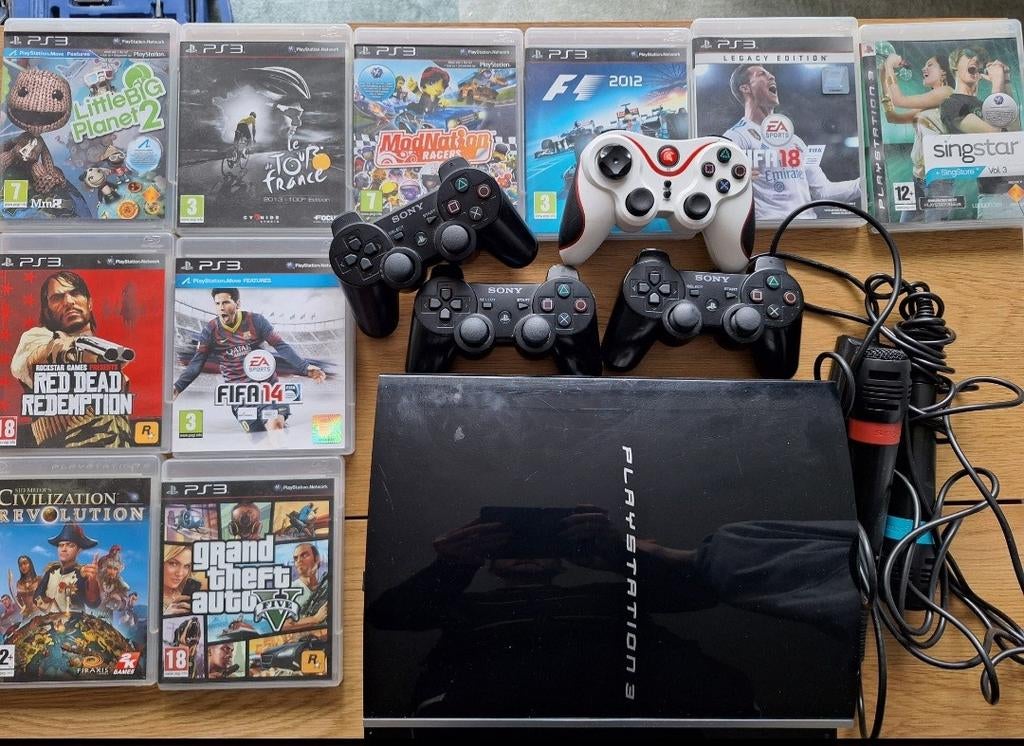 Playstation 3 met games en controllers, Ophalen, Phat, Met 3 controllers of meer, Gebruikt