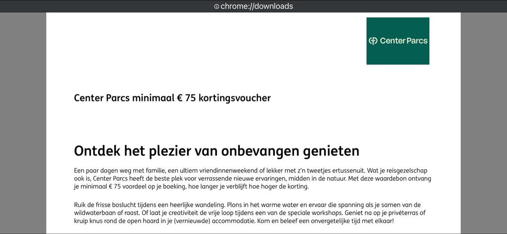 Centerparcs 75 euro voordeel, Tickets en Kaartjes, Drie personen of meer, Kortingsbon, Bungalowpark