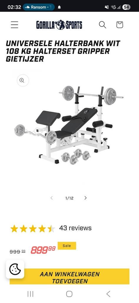 Gorilla sports halterbank inclusief 108kg gewicht, Sport en Fitness, Ophalen, Zo goed als nieuw, Krachtstation