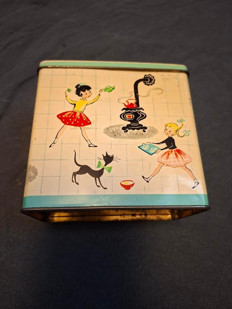 Vintage blik met meisjes en kat, Verzamelen, Blikken, Ophalen of Verzenden