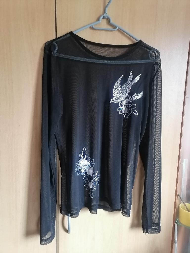 SEQUIN TOP MET VOGEL-M-NIEUW, Maat 38/40 (M), Zwart, Ophalen of Verzenden, Zo goed als nieuw