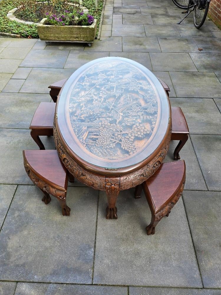 Indonesische salontafel set met 6 stoeltjes, Ophalen, Gebruikt, 100 tot 150 cm, 50 tot 100 cm