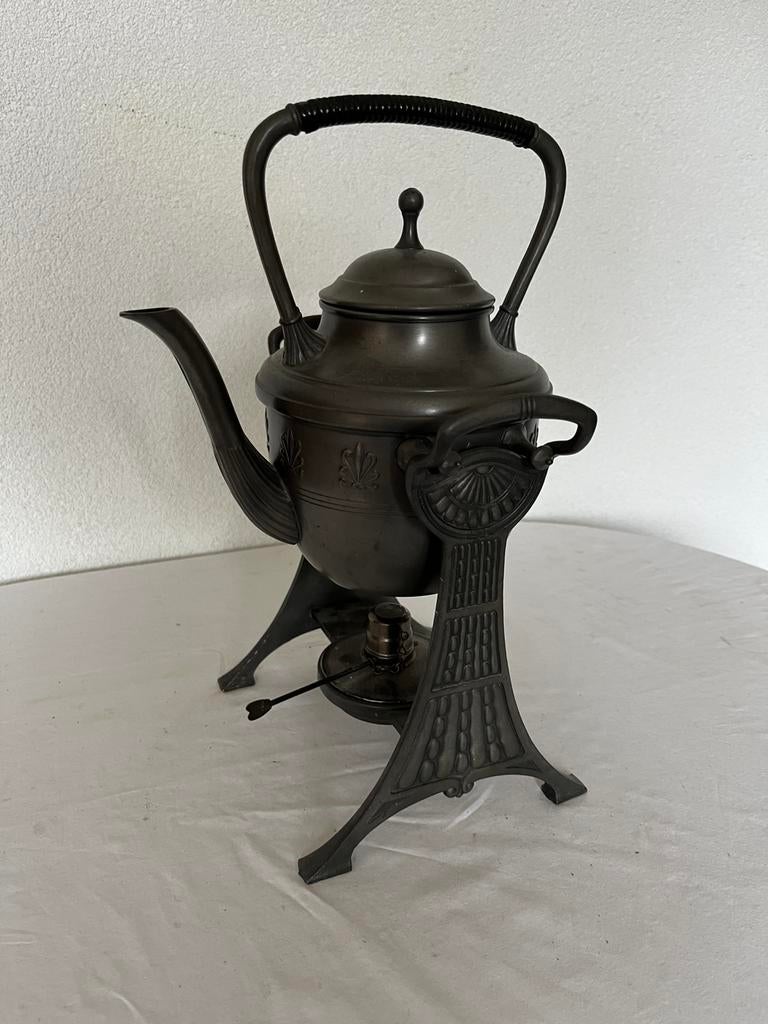 Oude Antieke Tinnen Kantelketel op Brander Kantel Thee Ketel, Antiek en Kunst, Ophalen of Verzenden