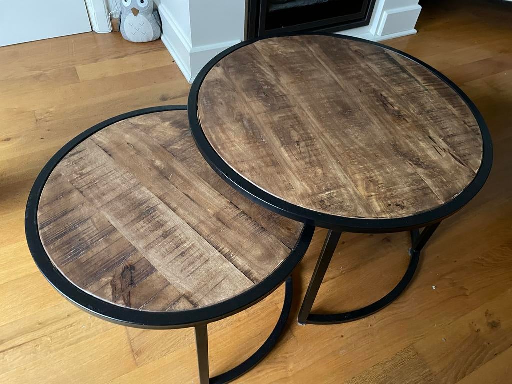 Set van 2 industriële salontafels, Gebruikt, Rond, Minder dan 50 cm, Overige houtsoorten