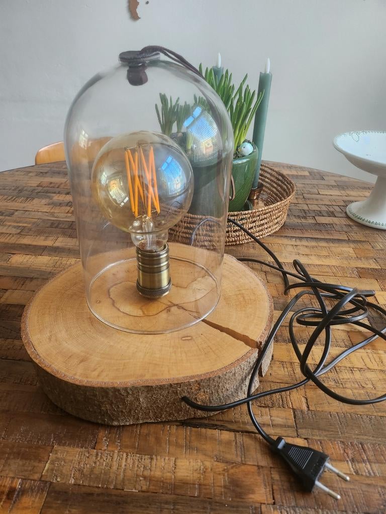 Mooie industriële tafellamp met stolp en houten voet, Huis en Inrichting, Lampen | Tafellampen, Ophalen, Zo goed als nieuw, Minder dan 50 cm