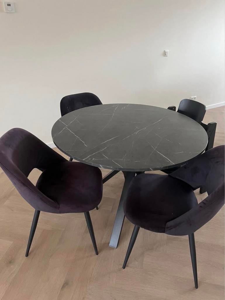 Ronde eettafel met 4 eetstoelen – marmerlook – Ø110 cm, Zwart mat, Gebruikt, Rond, Ophalen of Verzenden