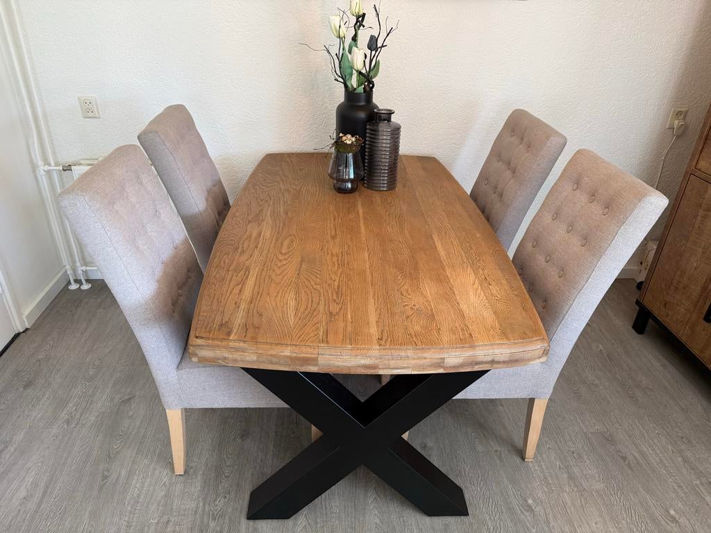 Eettafel eiken blad met 4 eettafelstoelen, Ophalen, Gebruikt, 100 tot 150 cm, Eikenhout