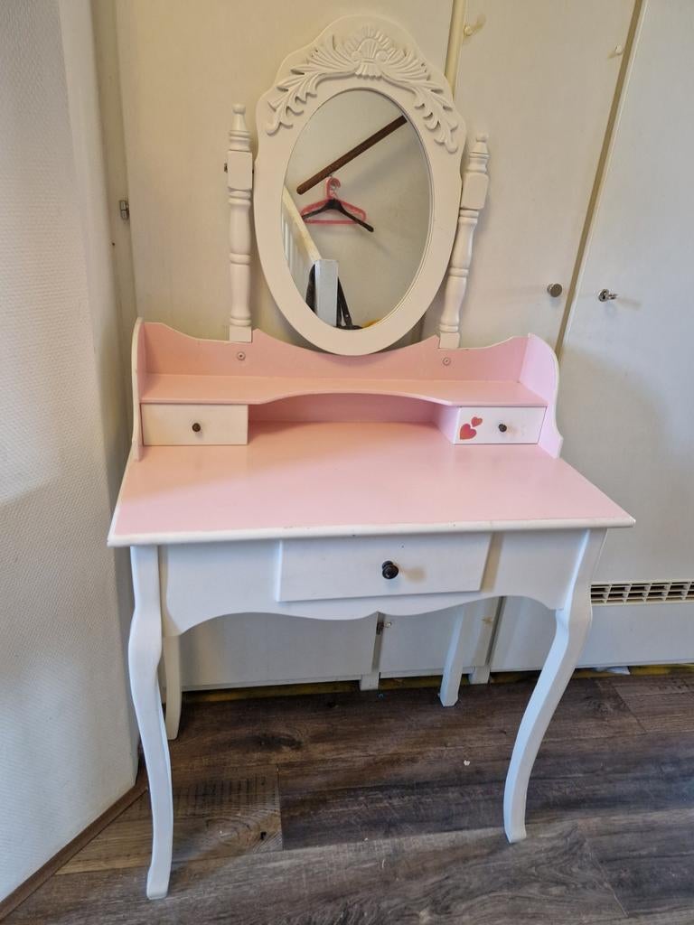 Roze kaptafel voor meisjes met spiegel en lades, Ophalen, Gebruikt, 100 tot 150 cm, 50 tot 100 cm