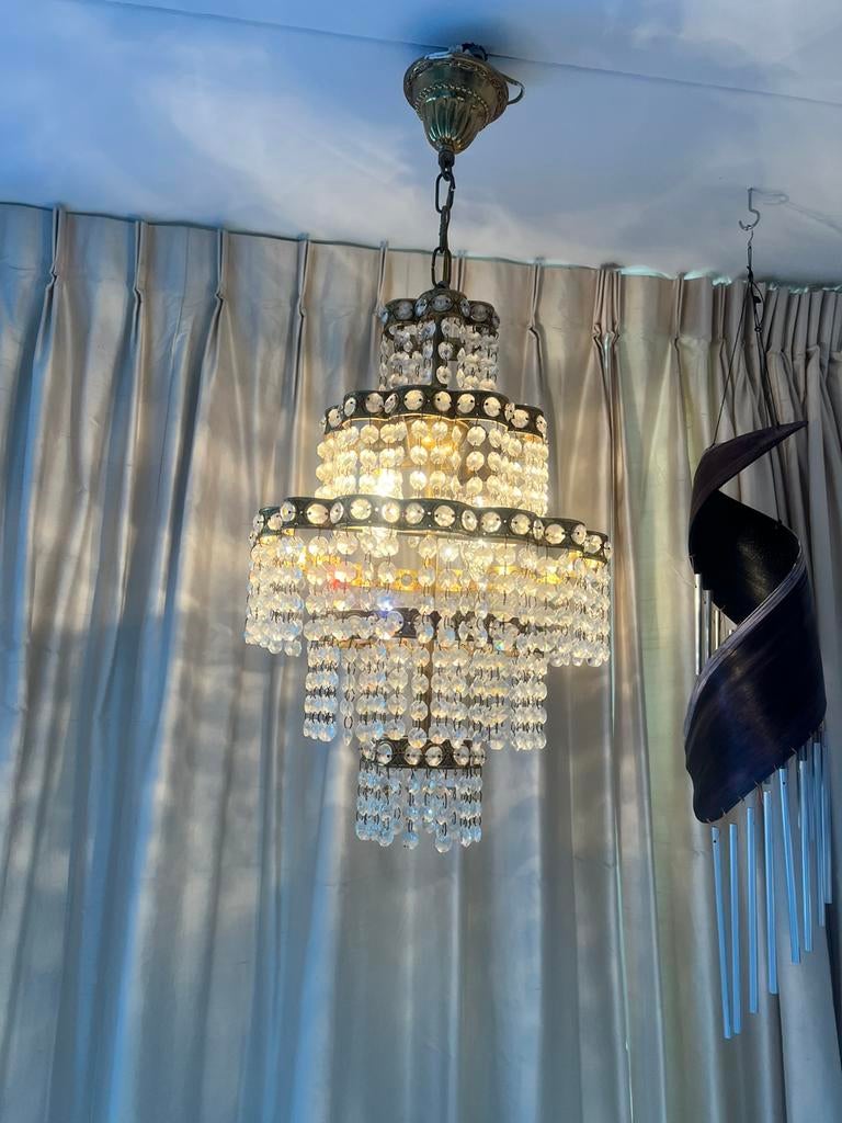 Kristallen kroonluchter met messing, Ophalen, Zo goed als nieuw