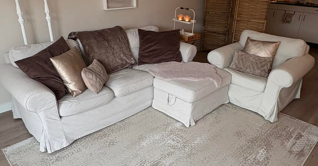 Landelijk/ brocante zithoek beige, Ophalen, Zo goed als nieuw, Stof, Landelijk/ brocante