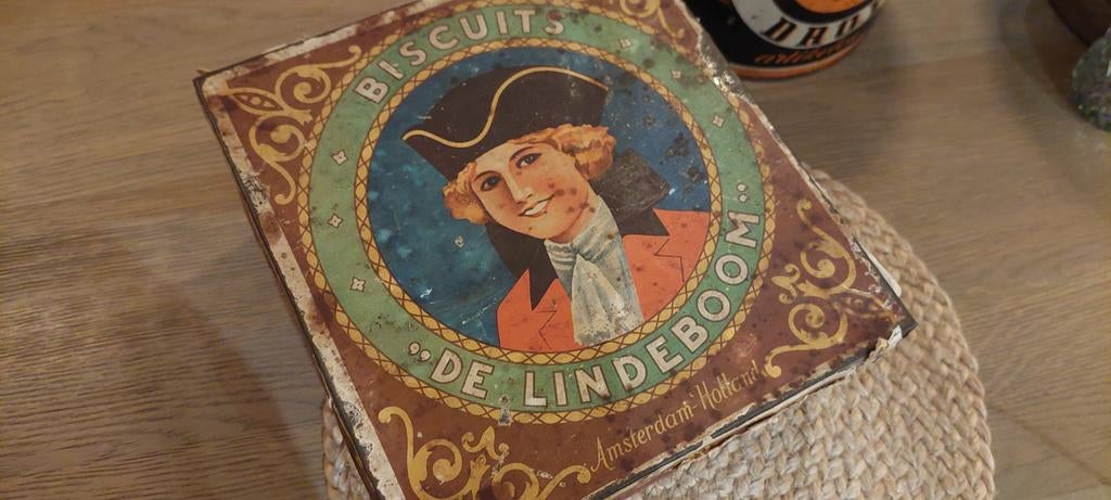 OUD BISCUITS / KOEKJES BLIK DE LINDEBOOM AMSTERDAM - HOLLAND, Ophalen of Verzenden, Gebruikt, Koek(jes), Overige merken