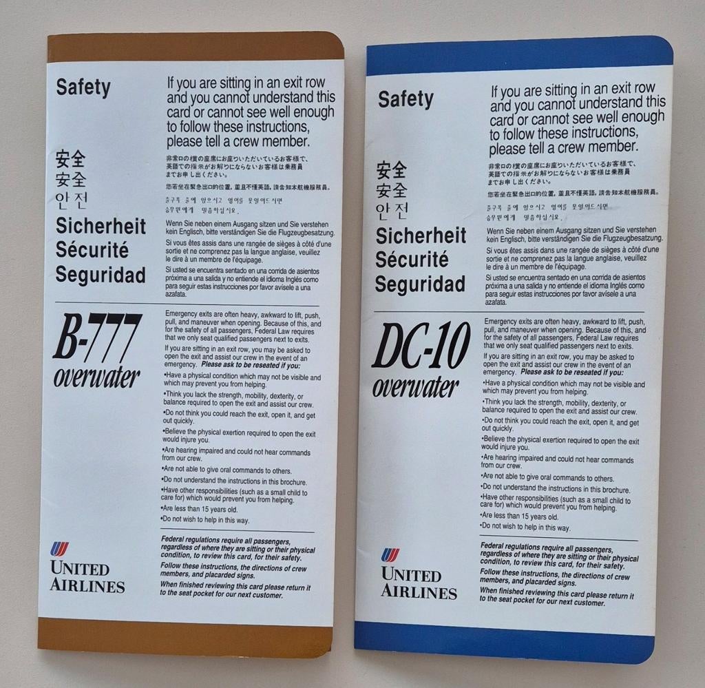 United Airlines Veiligheidsinstructies Boeing 777 & DC-10, Verzamelen, Ophalen of Verzenden, Gebruikt, Kaart, Foto of Prent