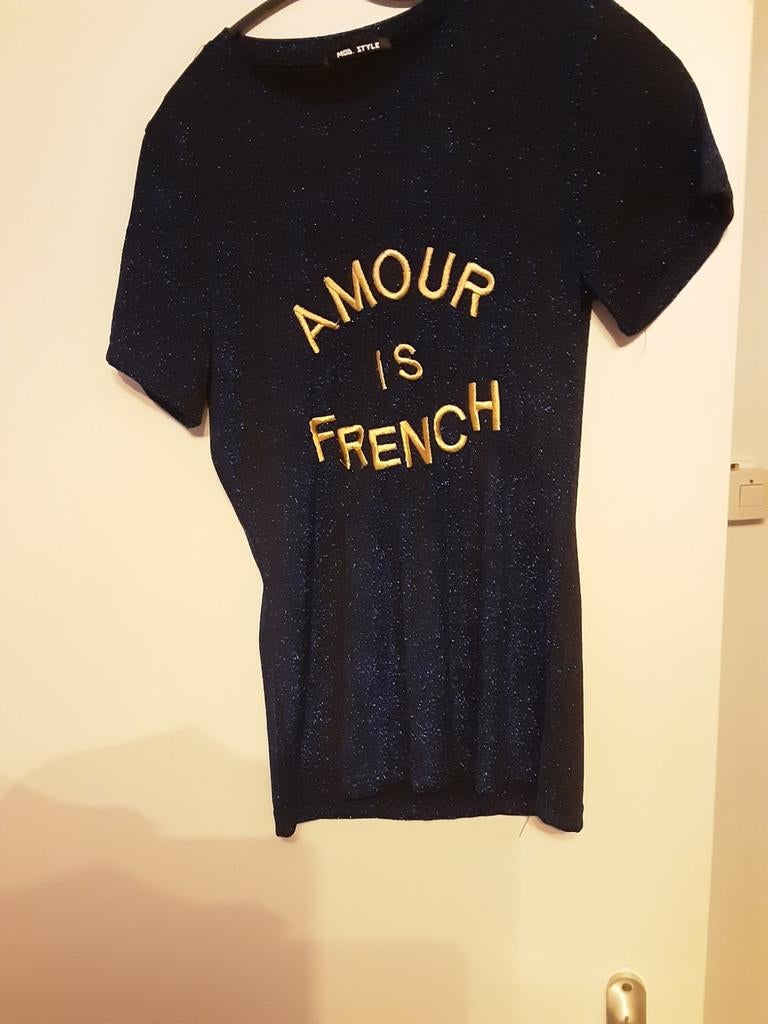 Donkerblauw shirt met glitter, Maat 38/40 (M), Blauw, Ophalen of Verzenden, Zo goed als nieuw