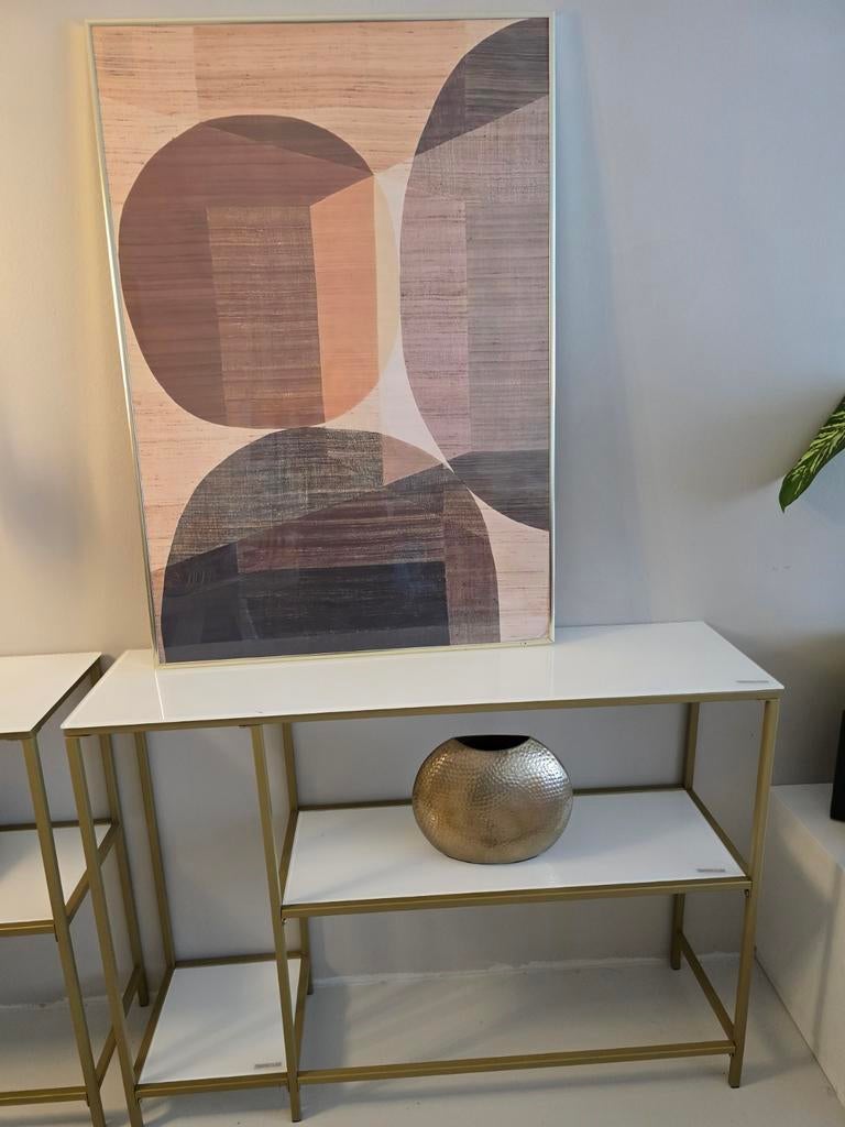 Twee sidetables wit met goud, Gebruikt, Ophalen of Verzenden, Glas, 25 tot 50 cm