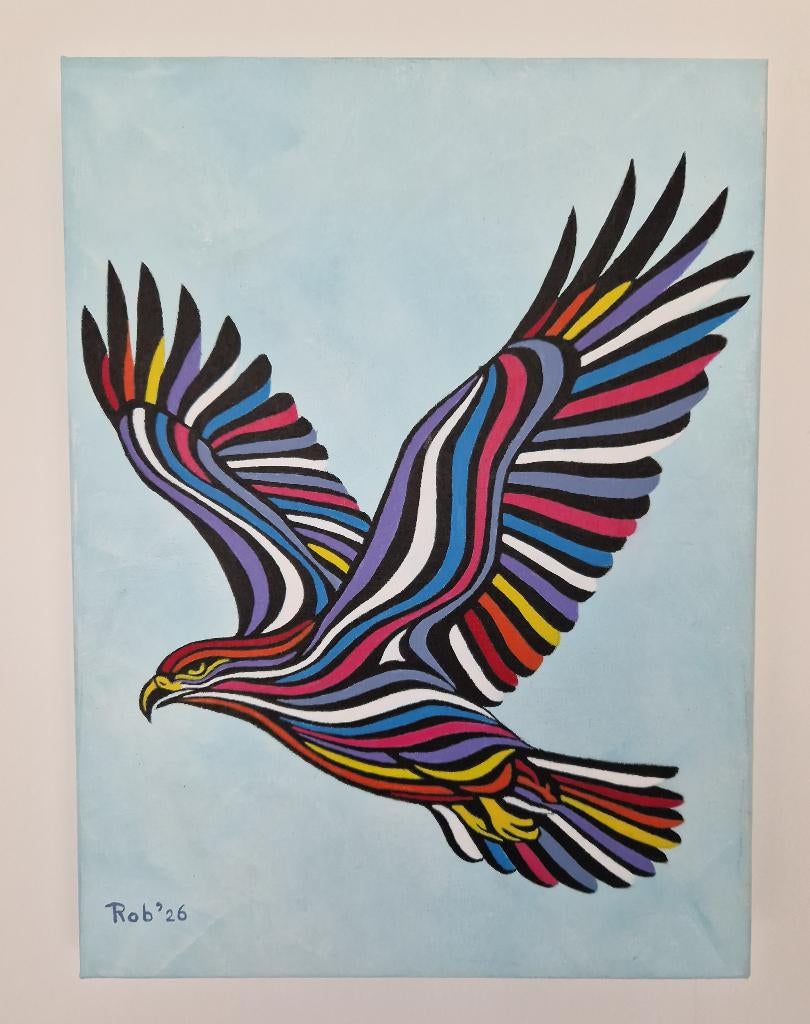 roofvogel, zelf geschilderd op doek met acryl, Ophalen