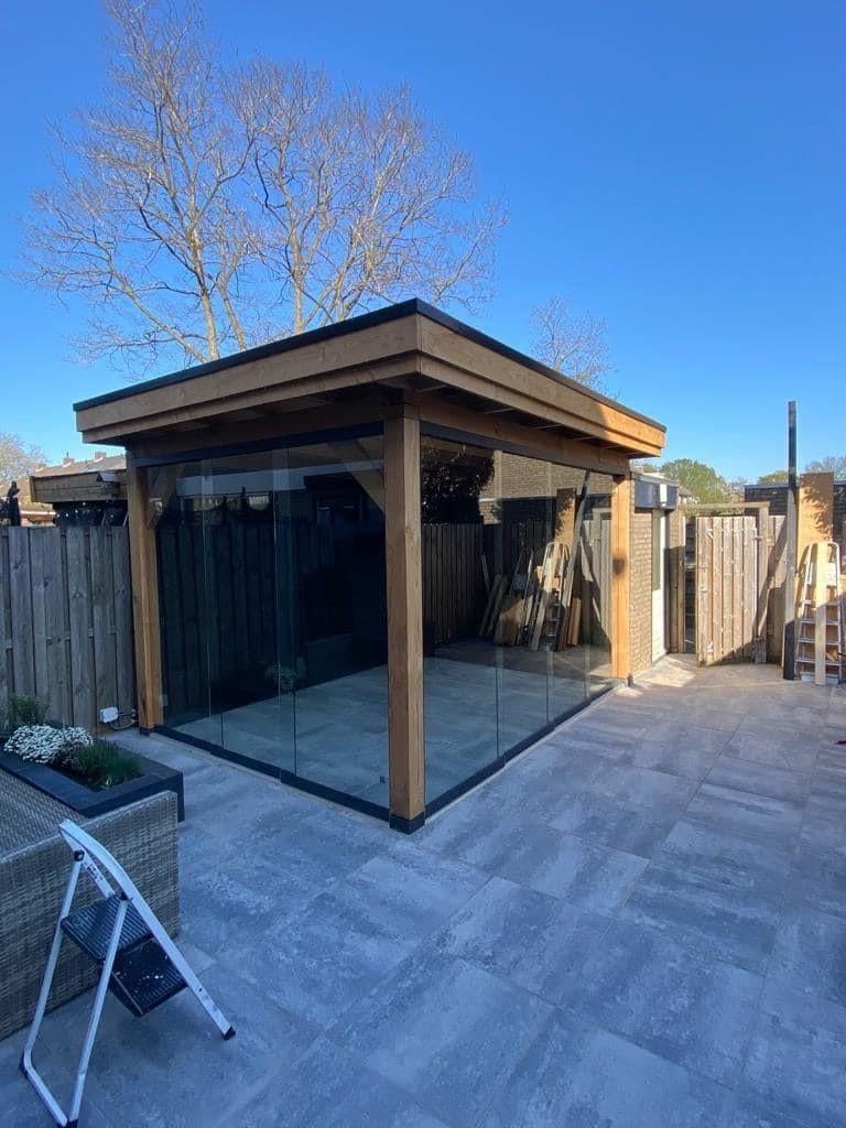 Houten overkapping met glazen schuifwanden, Tuin en Terras, Ophalen, Nieuw, Veranda
