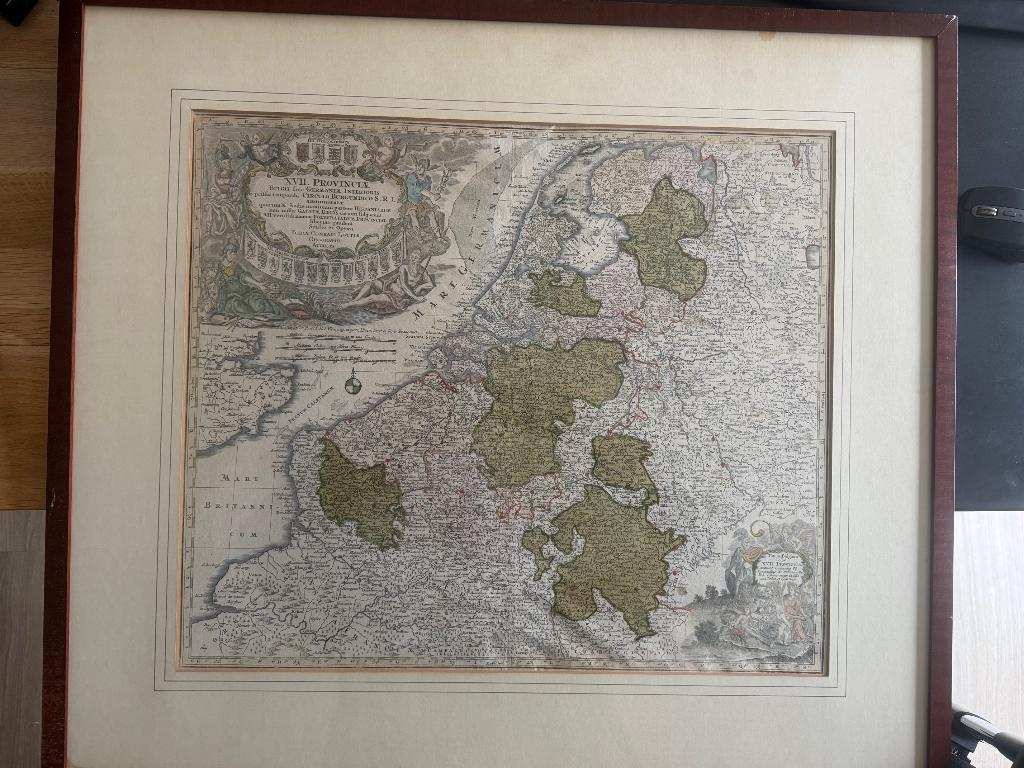 Kopergaravure Tobias Conrad Lotter - De XVII provincien, Cartografie, Ophalen of Verzenden, Gravure, Met windroos