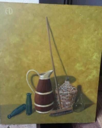 olieverf schilderij stilleven mandfles bezem fles schenkkan., Ophalen