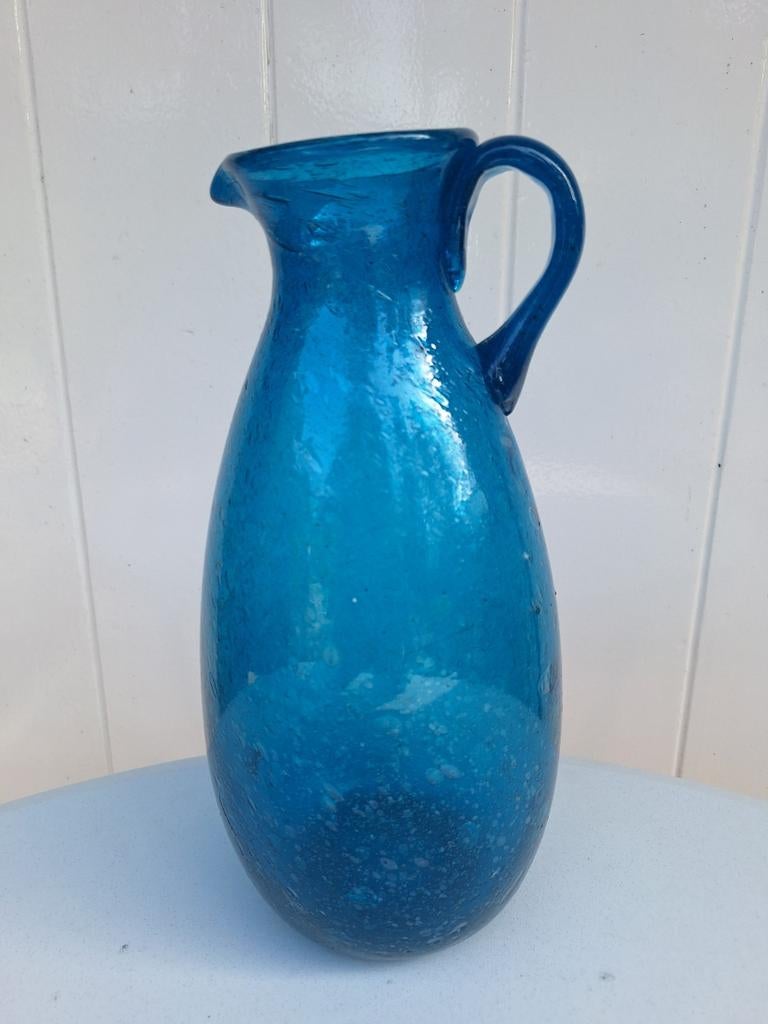 Vintage handgeblazen blauwe aquablauw kan vaas, Ophalen of Verzenden, Blauw, Aardewerk of Porselein, Minder dan 50 cm