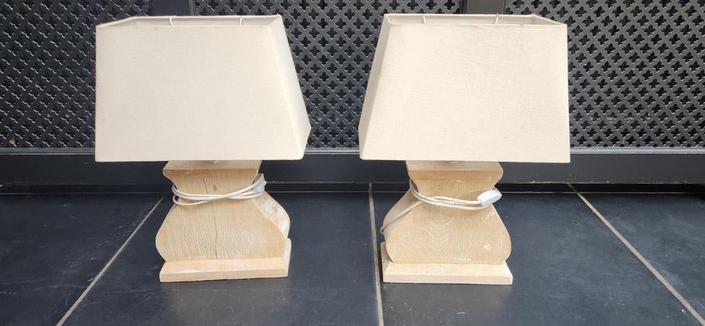 Set van 2 schemerlampen met houten poot en stoffen kap, Ophalen, Gebruikt, Stof, Landelijk, Klassiek