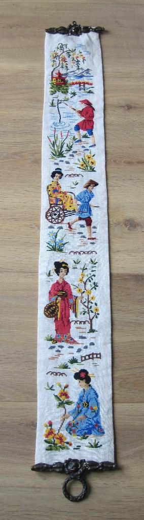 Schellekoord, handgeborduurd, fraai bronzen beslag, Ophalen of Verzenden