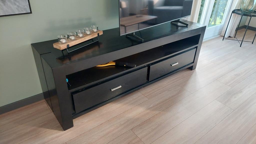 Zwart teakhouten tv audio meubel, Huis en Inrichting, Kasten | Televisiemeubels, Ophalen, Gebruikt, Teakhout, Minder dan 100 cm