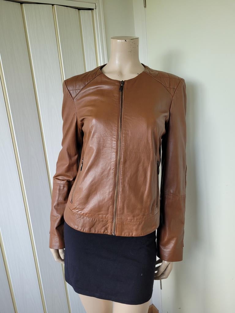 Stefanel Leren jas - Maat 40/42 bruin, Kleding | Dames, Jassen | Zomer, Zo goed als nieuw, Maat 42/44 (L), Bruin, Ophalen of Verzenden