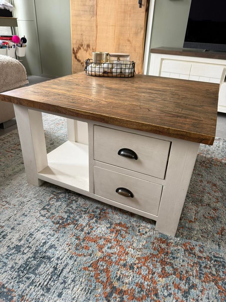 Salontafel wit met hout, Huis en Inrichting, Tafels | Salontafels, Ophalen, Gebruikt, 50 tot 100 cm, Vierkant