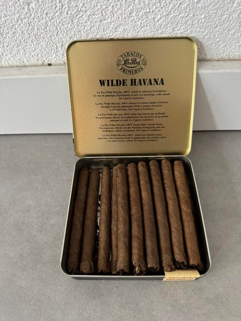 Sigarenblik Tabacos La Paz – Wilde Havana + 16 sigaren, Ophalen of Verzenden, Gebruikt, Tabaksdoos of Verpakking