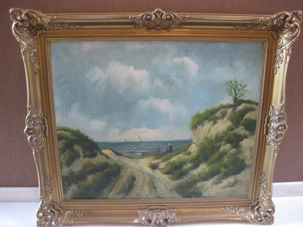 Olieverf schilderij Zeezicht op canvas met antieke lijst, Gebruikt, Ophalen of Verzenden, Schilderij, Minder dan 50 cm